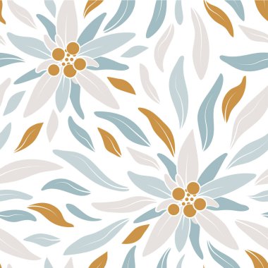 Edelweiss. Pastel renklerde kusursuz desen ve beyaz arka planda Edelweiss çiçekleri. Stok vektör illüstrasyonu.