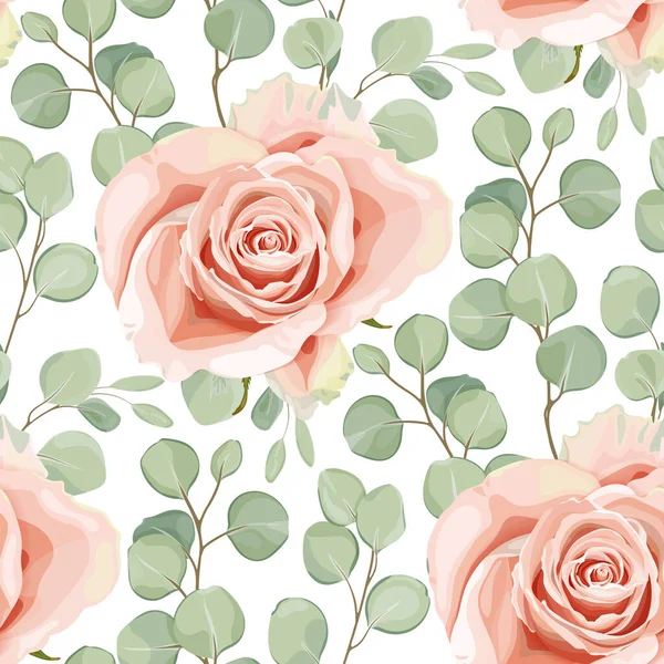 Bloemen Naadloos Patroon Met Romige Roos Eucalyptus Zilveren Dollarbladeren Elegant — Stockvector