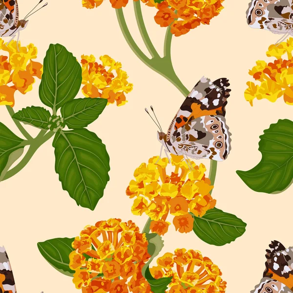 Luminoso Motivo Floreale Senza Cuciture Con Fiori Lantana Arancione Farfalla — Vettoriale Stock