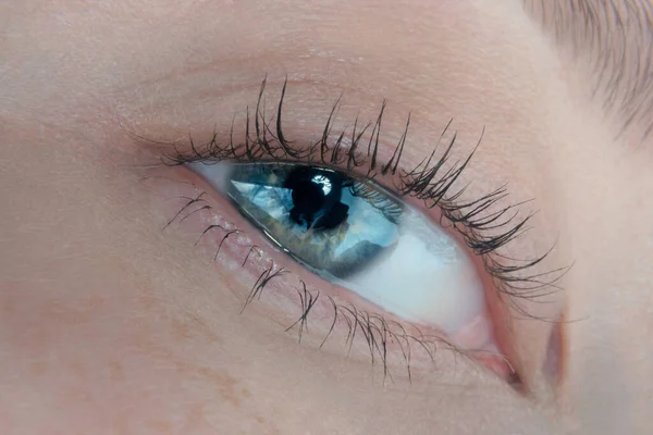 Makroaufnahme Eines Weiblichen Auges Von Blauer Farbe Mit Gelben Spritzern — Stockfoto