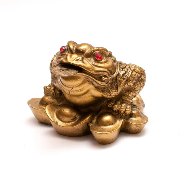 Goud Chinese Money Frog Met Munt Mond Geïsoleerd Wit Rechtenvrije Stockfoto's