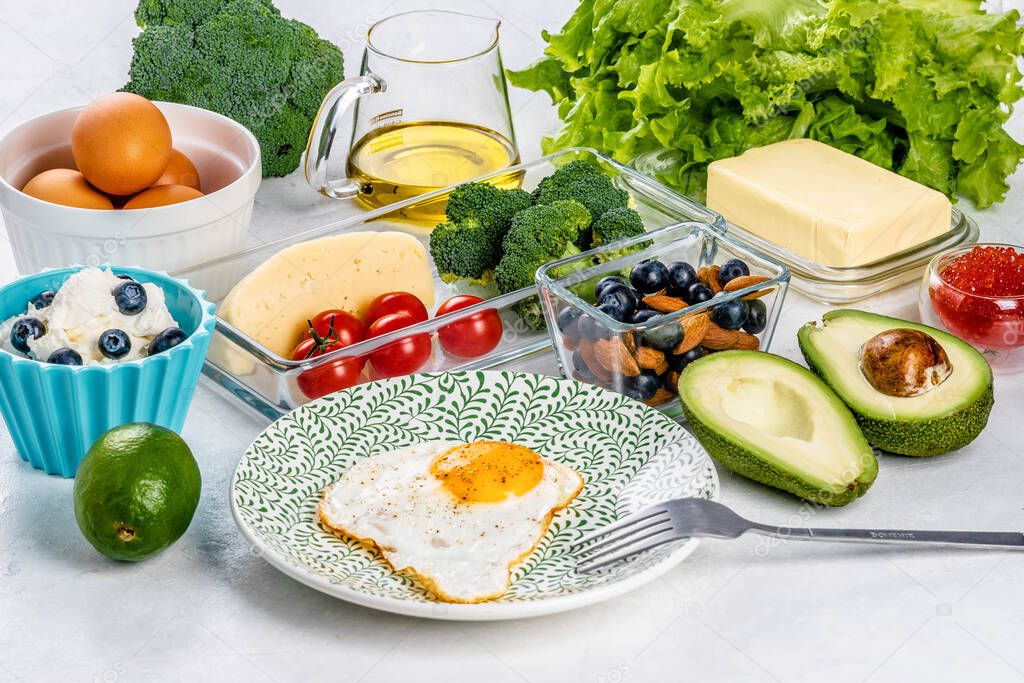  Ketogenic diet food on a white table