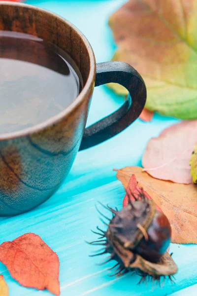 Xícara de chá na mesa com folhas caídas — Fotografia de Stock
