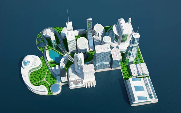 3D illustration of Sci fi futuristic future city with trees and lake