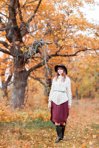 Hermosa chica en el bosque de otoño. joven con el pelo largo. Vestido con suéter y sombrero —  Fotos de Stock