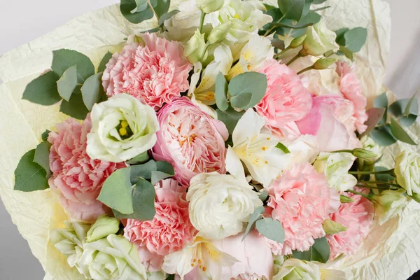 Beautiful bouquet made of different flowers with in woman hand . colorful color mix flower — Stock Photo, Image