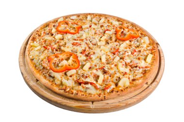 ahşap tahta üzerinde peynir kırmızı biber pizza. bir dizin veya menü için