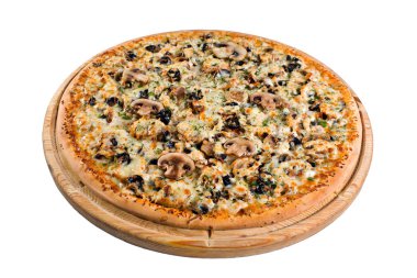 ahşap tahta üzerinde mantar pizza. bir dizin veya menü için