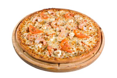 bir dizin veya menü ile karides ahşap tahta üzerinde pizza