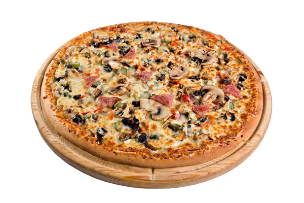 Pizza z pieczarkami na desce. dla katalogu lub menu — Zdjęcie stockowe
