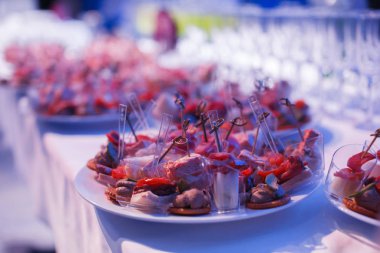 Ziyafet tablo pişmiş yemek aperatifler, sandviçler, kek, kupa ve Plaketler ile catering, kendi kendine hizmet, açık büfe akşam yemeği