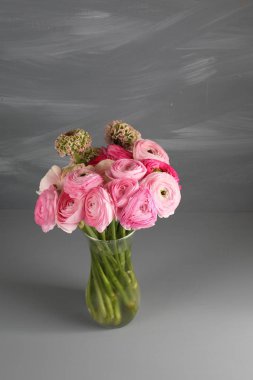 Çok renkli pembe düğün çiçeği, Düğünçiçeği gri arka plan üzerinde cam vazoda