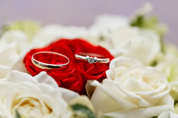 Set of wedding rings in Red and white rose taken closeup. wedding concept. selective focus — Stock Photo, Image