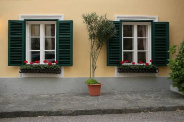 a typical austrian window with green louvered shuters and square paned windows with flowers in hanging flower pots clipart