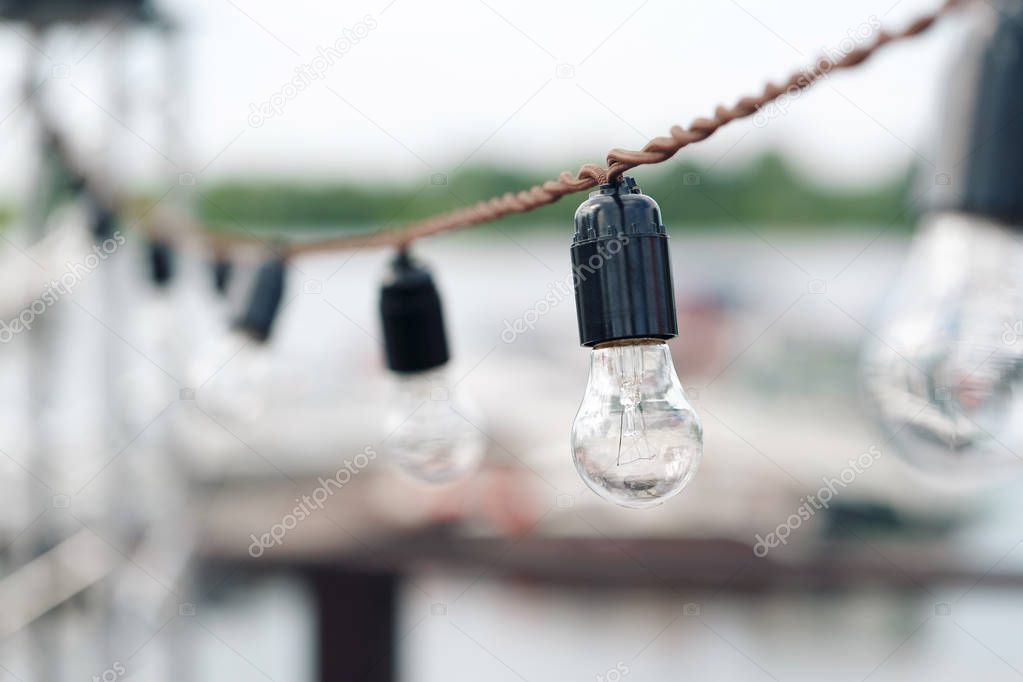 Incandescent bulbs Mountain Lake background. wedding or holiday outdoors