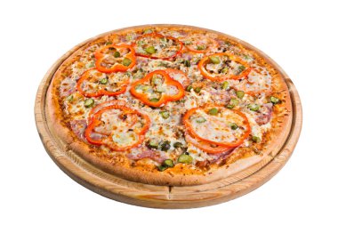 ahşap tahta üzerinde peynir kırmızı biber pizza. bir dizin veya menü için