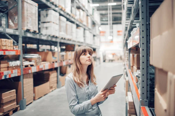 Voorraad nemen. mooie jonge vrouw werknemer van meubelwinkel. — Stockfoto