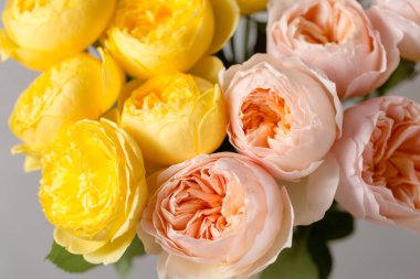 Buket yumuşak pembe ve sarı bahçe gül'den oluşan bir tanzim. Çiçekli natürmort. yakın çekim