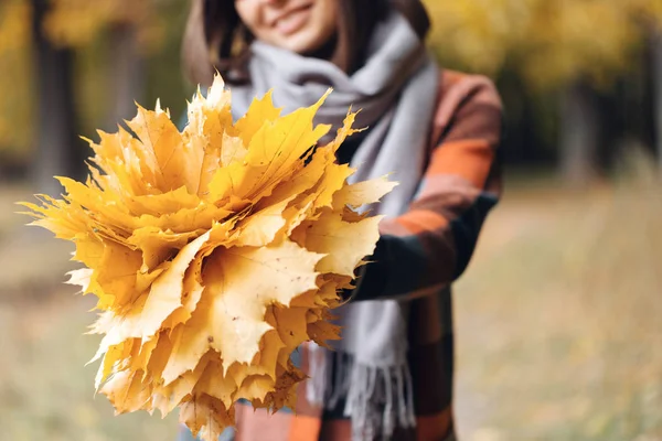 Chica de otoño caminando en el parque de la ciudad. Retrato de feliz mujer joven encantadora y hermosa en el bosque en colores de otoño. Concéntrate en el ramo —  Fotos de Stock