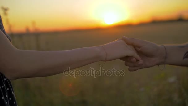 Close up de dois amantes juntando as mãos.. Detalhe Silhueta de homem e mulher de mãos dadas sobre o pôr do sol Fundo . — Vídeo de Stock