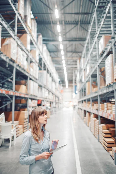 Stock taking. beautiful young woman worker of furniture store. — Stock Photo, Image