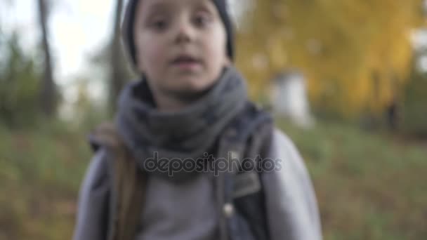 Mostra un gesto come un dito nella parte superiore. Un bambino sorridente che gioca nel parco. Autunno. pollice — Video Stock