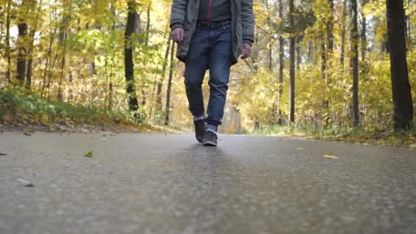 Uomo che cavalca su un pattino da longboard su una strada attraverso una foresta — Video Stock