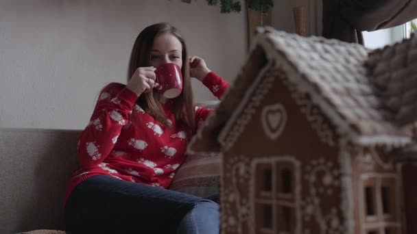 Feliz Natal e Boas Festas. Jovem está bebendo chá quente com biscoitos de Natal — Vídeo de Stock