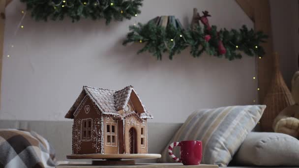 Feliz Natal e Boas Festas. Jovem está bebendo chá quente com biscoitos de Natal — Vídeo de Stock