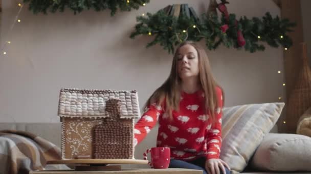 Noel ağacı yakınındaki evde zencefilli kurabiye ile çay içme kış kıyafeti giymiş güzel kadın — Stok video