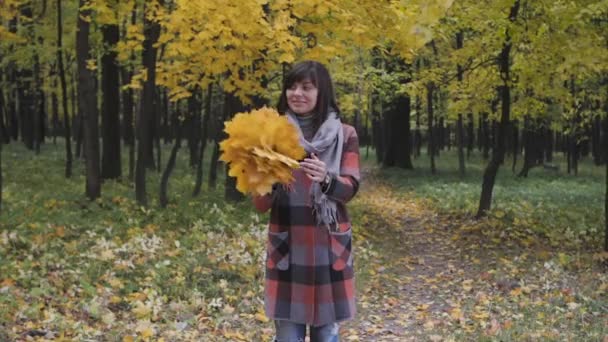 黄色の葉の花束。都市公園における歩行の秋の少女。幸せな素敵なと紅葉の森の美しい若い女性の肖像画. — ストック動画