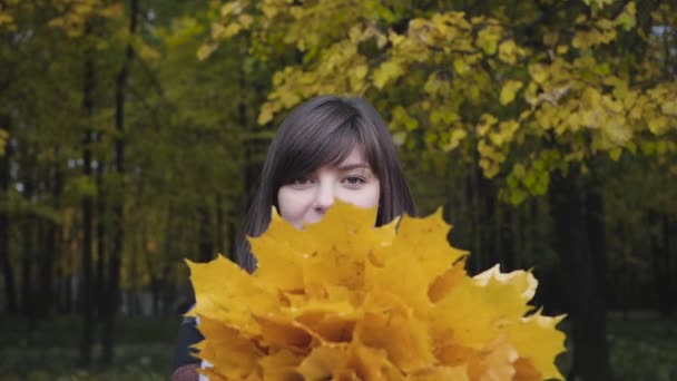 Csokor sárga levelek. Őszi lány gyaloglás a Városligetben. Boldog szép, és az erdő őszi színek a gyönyörű fiatal nő portréja. — Stock videók