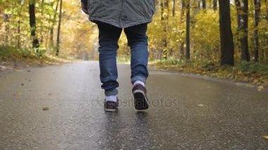 Giysi hood. Yakışıklı delikanlı bir sonbahar ormanda yürüyüş bir ceket giymiş. Ormanda yolda hareket