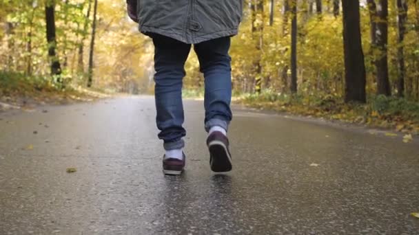 Kleding kap. Jonge knappe man gekleed in een jas in een herfst bos wandelen. Verplaatsen op de bossen weg — Stockvideo