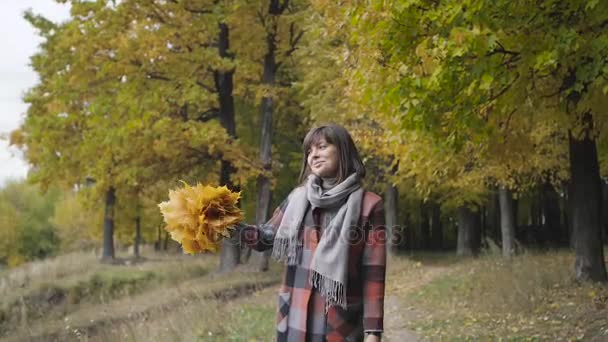 黄色の葉の花束。都市公園における歩行の秋の少女。幸せな素敵なと紅葉の森の美しい若い女性の肖像画. — ストック動画