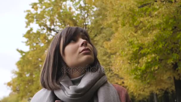 都市公園における歩行の秋の少女。幸せな素敵なと紅葉の森の美しい若い女性の肖像画. — ストック動画