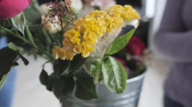 Kadın Çiçekçi Çiçek grup ile iş yerinde ana sınıfı. Buket çeşitli sonbahar çiçek yapma kız. İş kadın Çiçekçi Çiçek dükkanında