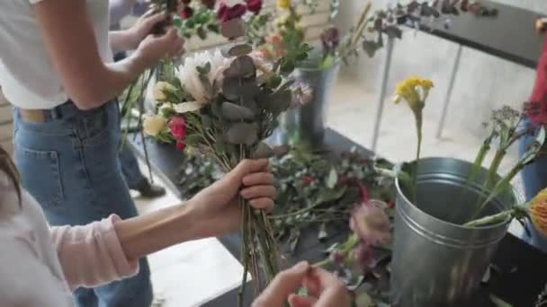 花の店に美しい花の組成を作る女性の手 — ストック動画
