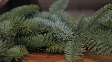 İş yerinde çiçekçi: kadın el Noel süslemeleri çelenk köknar Nobilis yapma. Mutlu yeni yıl akşam yemeği bayram