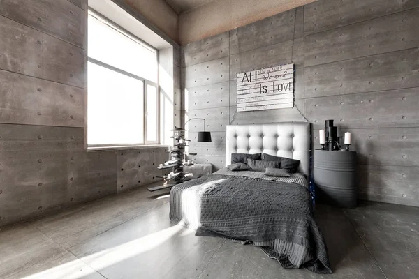 Modern empty bedroom in loft style with grey colors and wooden hand made Christmas tree with presents.