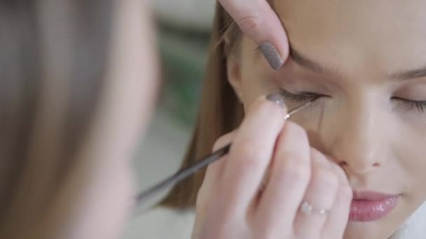 Pinte los ojos. Artista de maquillaje creando hermoso maquillaje para modelo rubias. Concepto de centro de belleza y spa — Vídeos de Stock