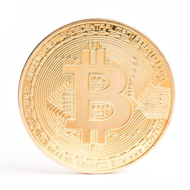 Dijital para. Cryptocurrency. Beyaz arka plan üzerinde izole altın bitcoin. Fiziksel bit sikke