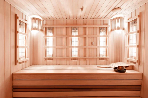 Interior of new Finnish sauna, infrared panels for medical procedures, classic wooden sauna. — Stock Photo, Image