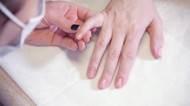 Manicura. Master aplica el dibujo del barniz a las uñas por el gel en el balneario. Cuidado de uñas de primer plano por especialista en salón de belleza . — Vídeo de stock