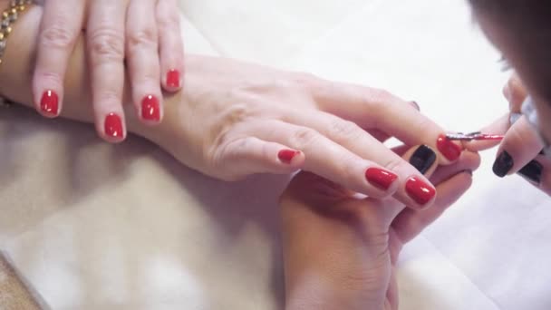 Manicure. Mistrz dotyczy lakier rysunek na paznokcie żelowe w spa. Zbliżenie, palcem paznokci przez specjalistę w salonie piękności. — Wideo stockowe