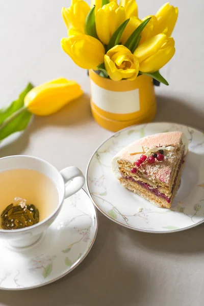 Cup of green tea. top view. Beautiful morning in home. A lot of cake and desserts. Copy space — Stock Photo, Image