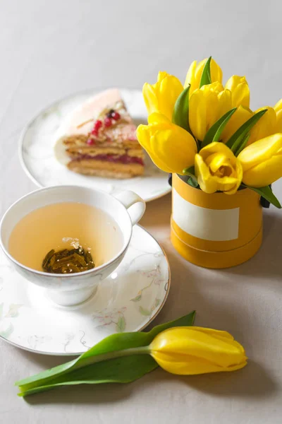 Cup of green tea. top view. Beautiful morning in home. A lot of cake and desserts. Copy space — Stock Photo, Image