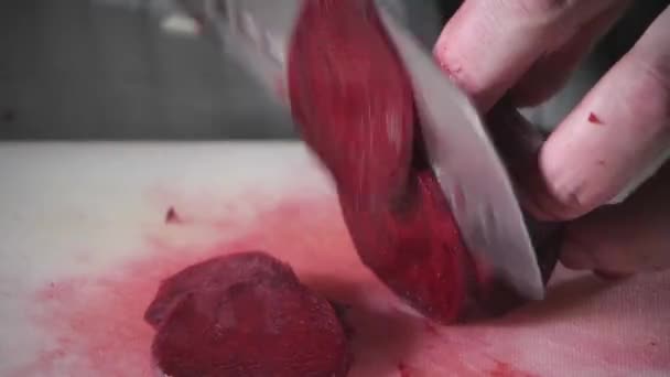 Zbliżenie ręki z nożem cięcia świeżych warzyw. Młody kucharz cięcia buraków na zbliżenie białe cięcia. Gotowanie w kuchni — Wideo stockowe