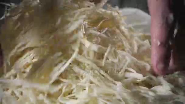 Primer plano de la mano con cuchillo de corte vegetal fresco. Joven chef cortando repollo en un primer plano de tabla de cortar blanco. Cocinar en una cocina de restaurante — Vídeos de Stock