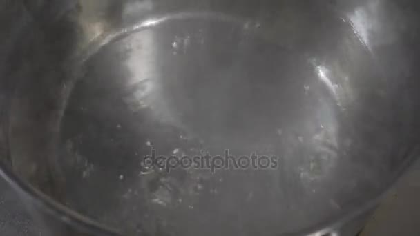 Água fervente na panela no fogão elétrico na cozinha da restaraunt. em uma panela de aço inoxidável . — Vídeo de Stock